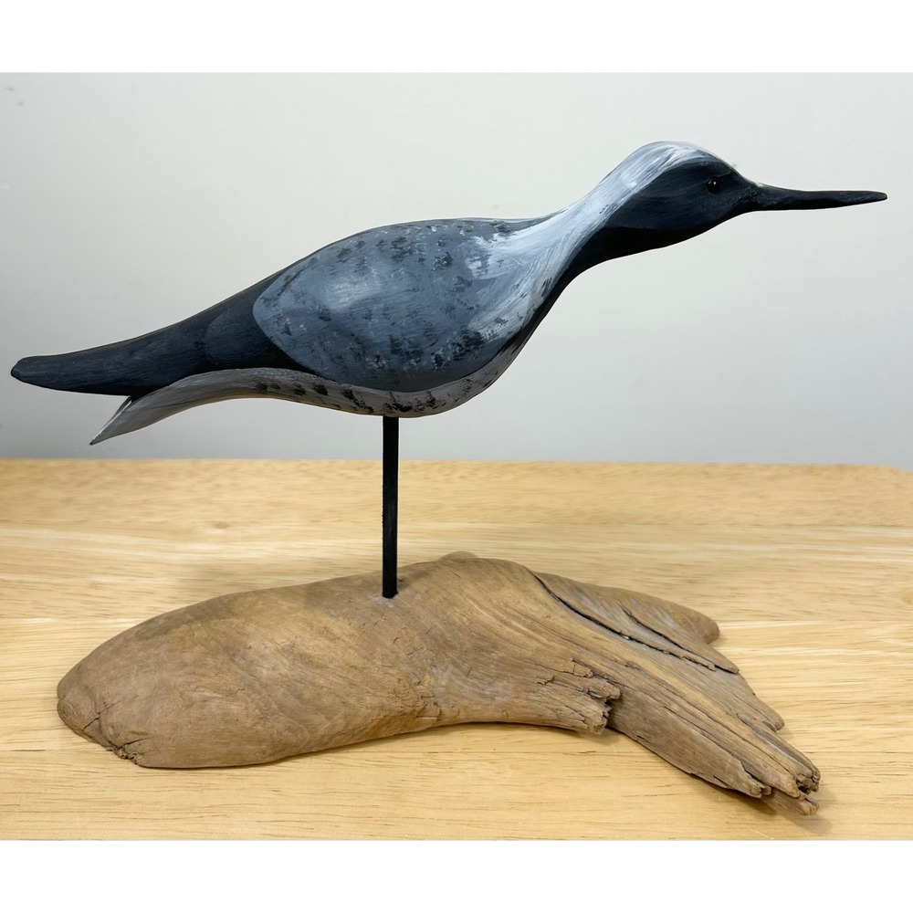 Hand Carved Wooden Shorebird Decoy Black Bellied Plover Bird Driftwood Signed